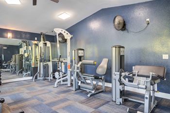 A gym with a variety of equipment including a leg press machine, a chest press machine, and a squat rack.